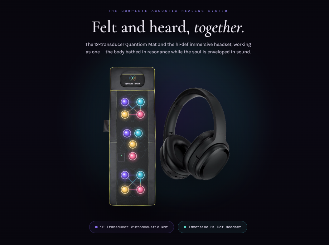 The complete Acoustic Healing System — the 12-transducer Quantiom vibroacoustic mat beside the immersive hi-def headset