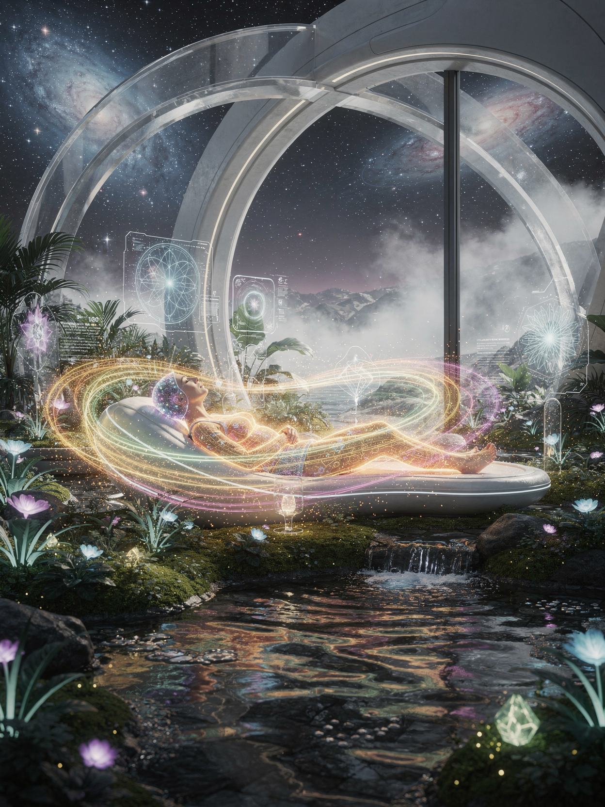 A body held in a healing pod, wrapped in spiraling rainbow field lines beneath twin galaxies