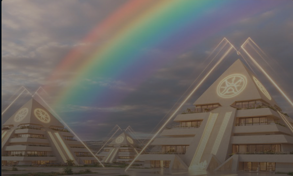 The Pyramid Cities rising beneath a rainbow