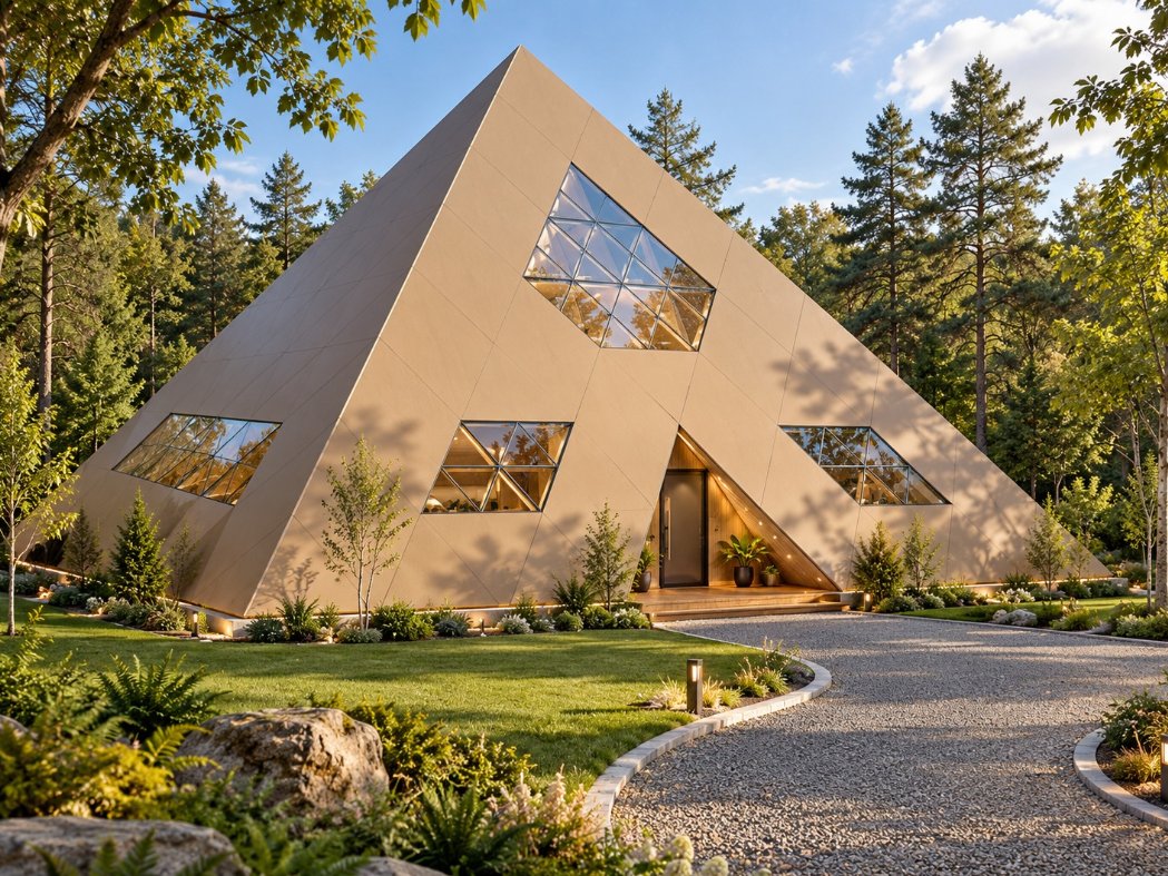 A sacred-geometry pyramid healing home nestled among pines