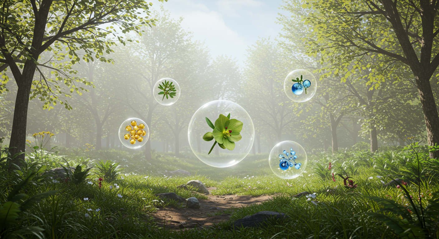 Botanical and molecular essences suspended in a sunlit forest