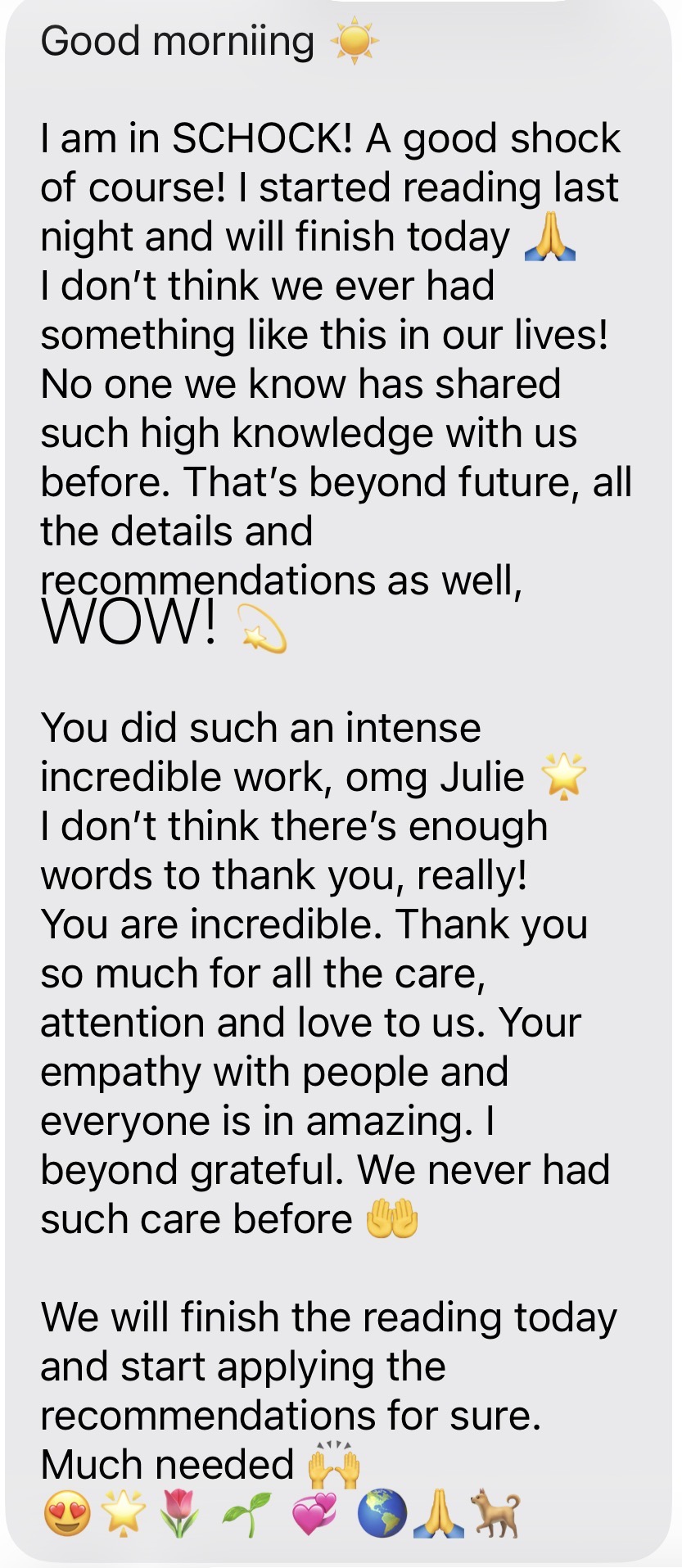 Message: I am in shock, a good shock! I do not think we ever had something like this in our lives — you did such intense incredible work