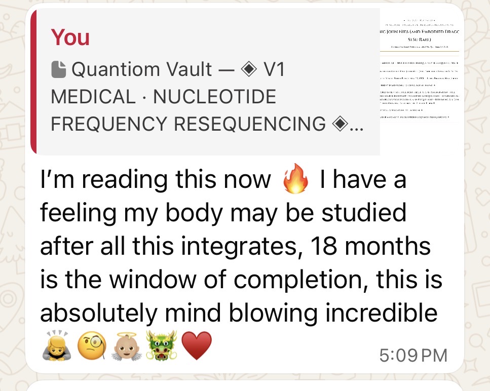 Message about the Nucleotide Frequency Resequencing report: I have a feeling my body may be studied after all this integrates — absolutely mind blowing incredible