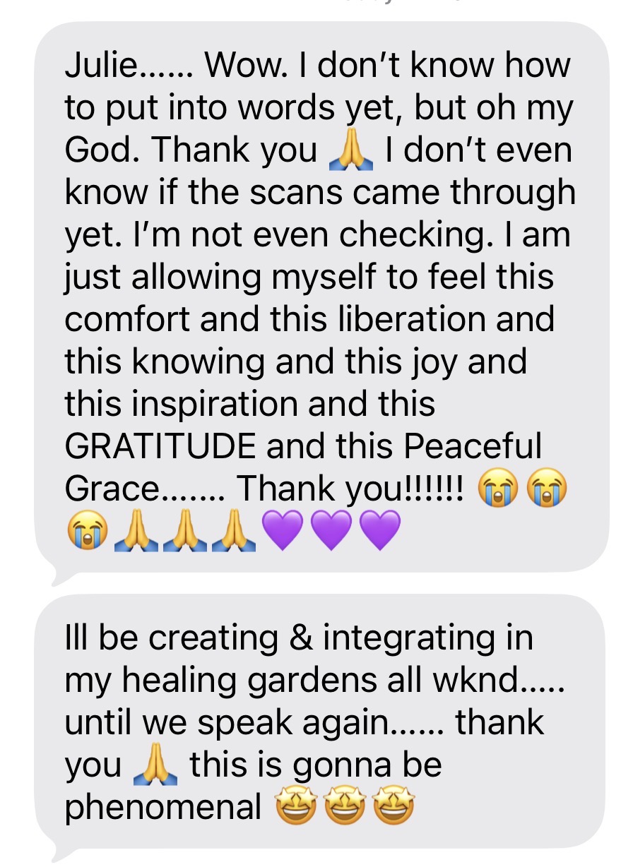 Message: Julie — Wow. I do not know how to put into words yet, but oh my God, thank you. I am just allowing myself to feel this comfort and this liberation and this knowing and this joy and this inspiration and this GRATITUDE and this Peaceful Grace. I will be creating and integrating in my healing gardens all weekend — this is gonna be phenomenal