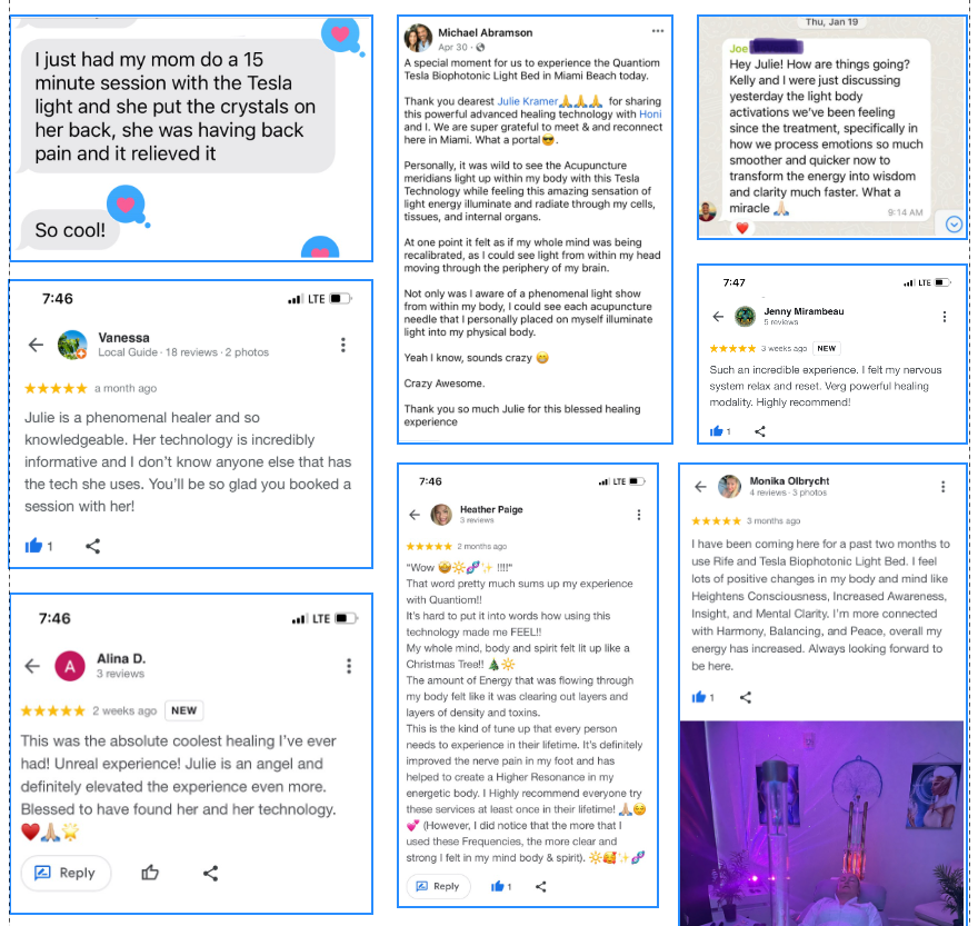 Google and message reviews praising sessions with Julie and the Quantiom healing technology